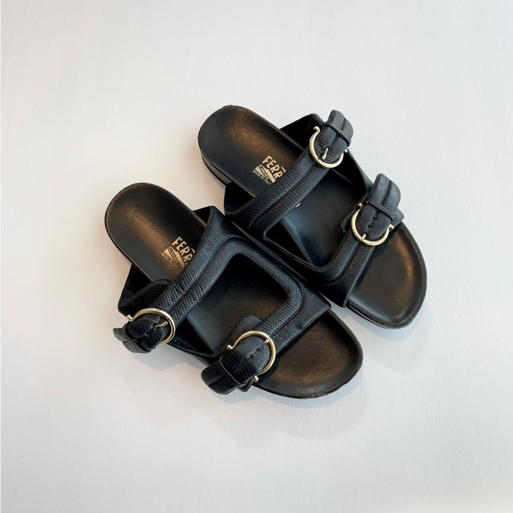 Salvatore Ferragamo leather double buckle gold hardware slip on sandals slides